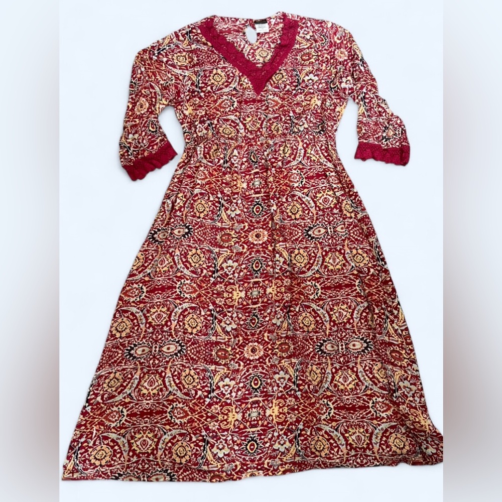 Womens Boho Midi Dress PS Lace V-Neck 3/4 Sleeve Bohemian Festival Cottagecore